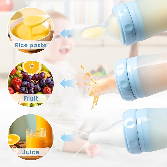 Baby Multifunctional Complementary Food Bottle, Silicone Milk Bottle 3-in-1, Including Dispensing Spoon, Regular Nipple and Fruit Puree Feeding Nipple, Auxiliary Weaning Bottle