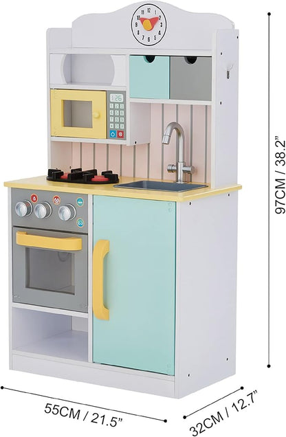 Teamson Kids Little Chef Florence Classic Interactive Wooden Play Kitchen with Accessories and Storage Space for Easy Clean Up, White with Mint Green and Yellow Accents