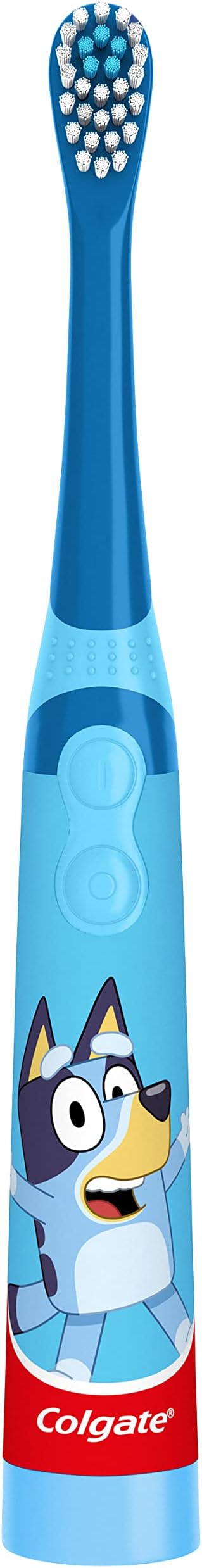 Colgate Kids Battery Powered Toothbrush, Kids Battery Toothbrush with Included AA Battery, Extra Soft Bristles, Flat-Laying Handle to Prevent Rolling, Bluey Toothbrush, 1 Pack