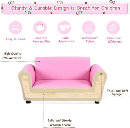 Costzon Kids Couch with Footstool, 2 in 1 Double Seat Children's Sofa w/PU Leather Surface, Armrest Chair Lounge, Soft Kids Sofa for Preschool Bedroom Kids Room Toddlers Boys Girls Birthday (Pink)