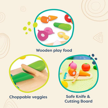 B. toys- Chop 'n' Play - Vegetables- Pretend Play Food Set – 6 Wooden Toy Vegetables to Cut – Hook-and-Loop Play Food for Toddlers, Kids – Safe Knife & Cutting Board – 2 Years +