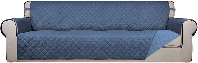 PureFit Reversible Quilted Sofa Cover, Water Resistant Slipcover Furniture Protector, Washable Couch Cover with Non Slip and Elastic Straps for Kids, Dogs, Pets (XX Large, Dark Blue/Light Blue)