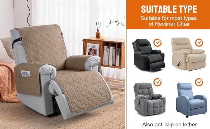 VANSOFY 100% Waterproof Recliner Chair Covers, Recliner Cover Non-Slip Dog Chair Cover Furniture Protector Washable Slipcover with Pocket, Elastic Straps for Pets, Dogs(Light Brown, 28")