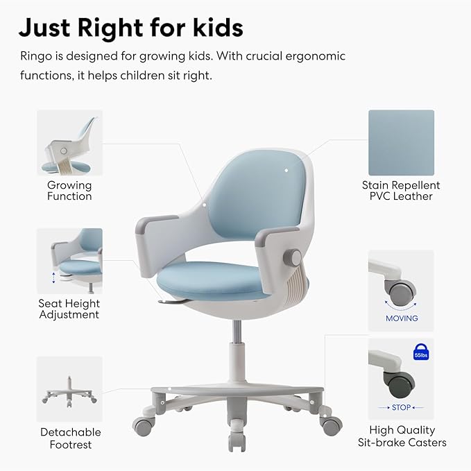 SIDIZ Ringo Study Desk Chair : Ergonomic Study Chair with Footrest, 4-Step Growing Function, Adjustable Seat Height, Sit-Locking Casters, Swivel Type Study Chair (Lavendar Blue Chair)