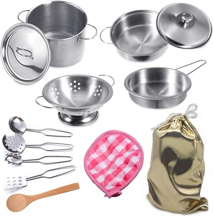 Play Pots and Pans Toys for Kids Kitchen Playset Pretend Cookware Utensils Play Set Play Cooking Toys Mini Stainless Steel Cooking Utensils Toys Kitchen Playset Accessories for Boys Girls