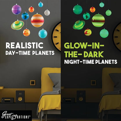 Great Explorations | 3-D Solar System Glow In The Dark Ceiling Hanging Kit 3D Planets and Star Stickers Create the Milky Way Teach Science STEM