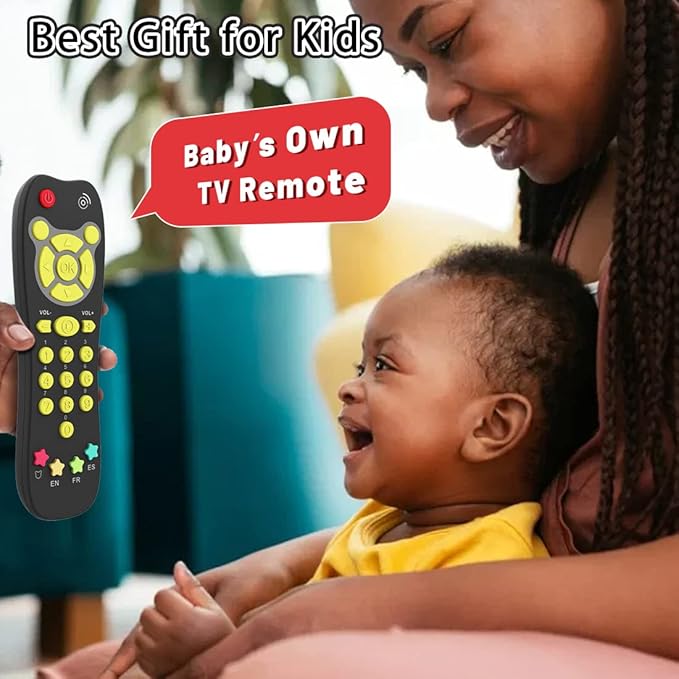 KALUYA Baby TV Remote Toy, Toddlers Remote Control Toy Kids Realistic Play Remote Early Educational Baby Musical Toys with Light and Sound English French Spanish for Infant Boys Girls 6 Month+, Black