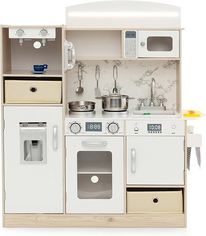 KOTEK Play Kitchen with Lights and Sounds, Wooden Toddler Kitchen Playset w/Ice Maker, Coffee Maker, 19 Accessories & Microwave, Chef Pretend Play Toy Kitchen Set for Kids Girls & Boys Ages 3+(White)