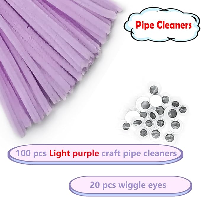 Cldamecy 100 pcs Light Purple Pipe Cleaners with 20 pcs Googly Eyes,Chenille Stems for Craft Project,Craft Pipe Cleaners for DIY Projects,Arts and Holiday Decoration