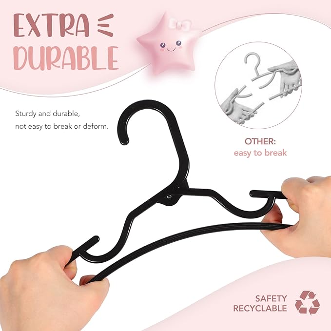 HOUSE DAY Plastic Baby Hangers for Closet 60 Pack, Durable Plastic Kids Hangers for Baby Clothes, Thin & Compact Childrens Hangers, Space Saving Black Baby Hangers, Small Hangers for Kids Clothes