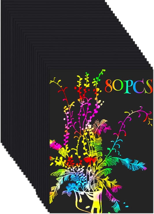 Cityrosy 80 Pcs Scratch Art Paper Rainbow Sets -Black Scratch Off Paper Easter Gifts for Kids Magic Rainbow Scratch Off Set Crafts Supplies Kits for Age 3-12 Kids for Party Games Easter Christmas