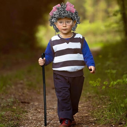 11Pcs 100 Days of School Old Lady Costume for Kids, elderly outfit for Girls, Wig Cane Cosplay Accessories Blue, S