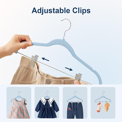 Baby Clothes Hangers with Clips, 24 Packs Kids Velvet Clothes Hangers, Heavy-Duty Childrens Hangers, Storage Organizer Clothing Hangers for Shirts, Pants, Skirts, Dresses, Jackets, Coat Blue