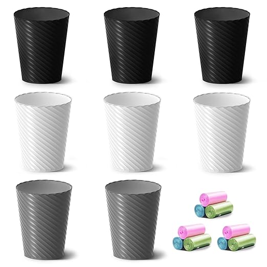 Bathroom Trash Can, 8 Pack 1.8 Gallons Small Trash Can with Trash Bags, Bathroom Garbage Can, Plastic Trash Bin, Round Waste Basket for Bedroom, Office, Kitchen, Room, Compact Space (White Black Grey)