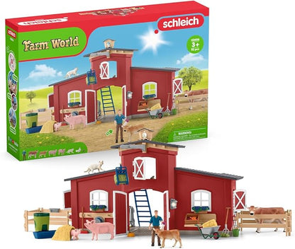 Schleich Farm World Animal Farm Playset with Figurine and Accessories - 92pc Kids Animal Farm Playset with Cow, Horse, Pig, Bull, and Accessories for Boys and Girls, Gift for Kids Age 3+, Red