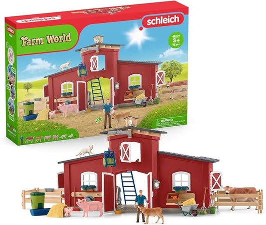 Schleich Farm World Animal Farm Playset with Figurine and Accessories - 92pc Kids Animal Farm Playset with Cow, Horse, Pig, Bull, and Accessories for Boys and Girls, Gift for Kids Age 3+, Red