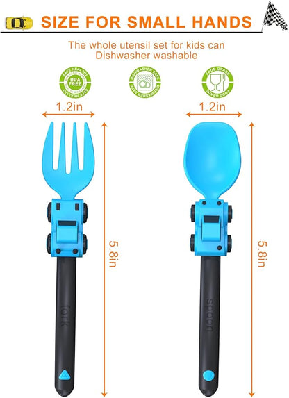 Construction Toddler Utensils - Toddler Forks and Spoons - Kids Spoon and Fork Set - Suitable for Kids Utensils - Baby Utensils, Portable Utensils Set for 1 2 3 4 5 year old Toddlers, Blue