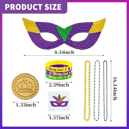 219 Pcs Mardi Gras Party Favors Set, Mardi Gras Masks, Bracelets, Beads Necklaces, Photo Booth Props, Temporary Tattoos Stickers and Coins Set, for Mardi Gras Parade Masquerade Party Decorations