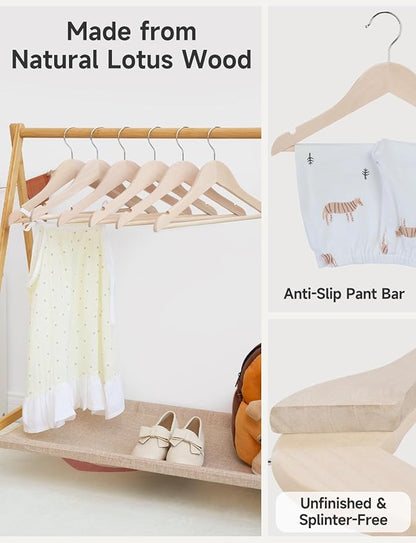 StorageWorks Baby Clothes Hangers, Kids Wooden Hangers with Pant Bar, 20-Pack Natural Wood Hangers for Toddler, Children's Coat Hangers for Closet, Solid Lotus Wood Hangers, Natural Lotus Wood Color