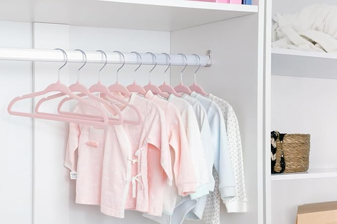 ManGotree Velvet Baby Clothes Hangers, Baby Toddler Kids Hangers with Swivel Hook, Notched Shoulder Design for Kids and Children Clothes (30 Pack, Light Pink)