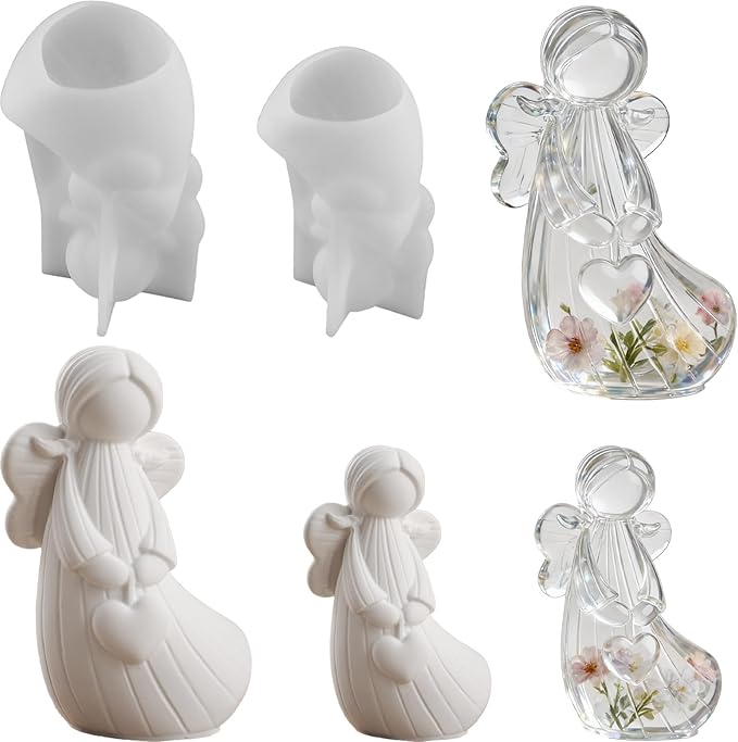 2Pcs Angel Resin Silicone Mold Set Clear Epoxy Resin Casting Molds for Flower Preservation DIY Bookends Art Crafts Home Decor Ornament Keepsake Making Casting Projects Soap Clay Candle