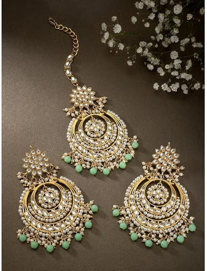 Aheli Bollywood Ethnic Chandbali Style Big Earrings Maang Tikka Set Traditional Fashion Jewelry Gift for Women