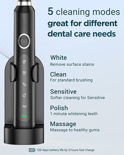 Rtauys M5 Sonic Electric Toothbrush for Adults and Kids - Rechargeable Electric Toothbrush with Electric Toothbrush Cover, 8 Brush Heads & Travel Case, 120 Days Battery Life - BlackSilver