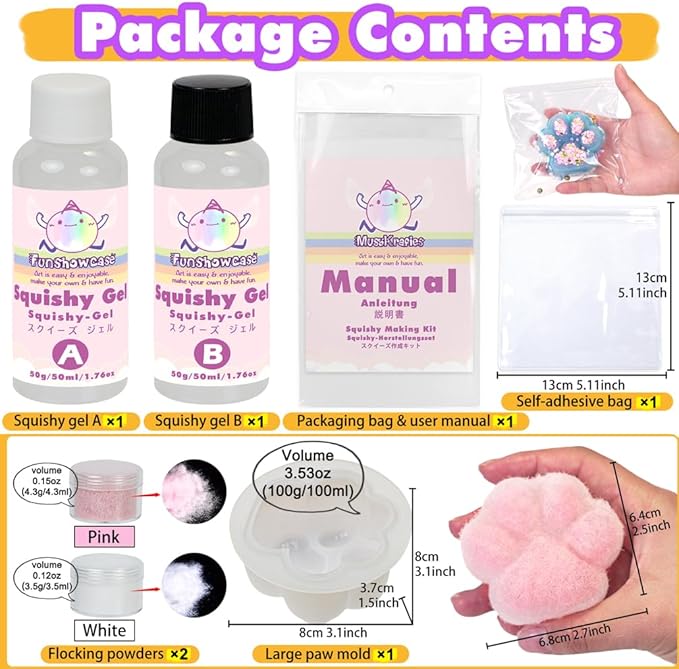 Taba Squishy Kit Set Liquid Gel+3" Paw Mold+Flocking+ Silicone Pigment Dye 20 Colors