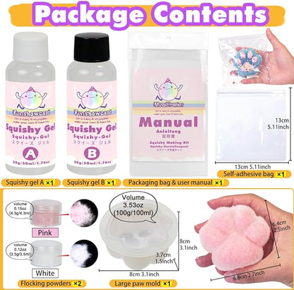 Taba Squishy Kit Set Liquid Gel+3" Paw Mold+Flocking+ Silicone Pigment Dye 20 Colors