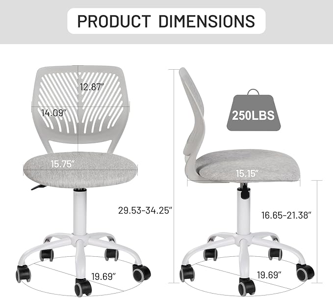 FurnitureR Desk Chair Armless, Study Computer Chair Adjustable Swivel for Student Children Kids, Comfy Cute Home Office Chair Fabric Seating Cushion and Plastic Low-Back with Rolling Wheels, Grey