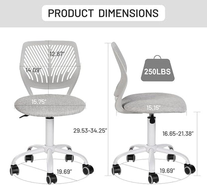 FurnitureR Desk Chair Armless, Study Computer Chair Adjustable Swivel for Student Children Kids, Comfy Cute Home Office Chair Fabric Seating Cushion and Plastic Low-Back with Rolling Wheels, Grey