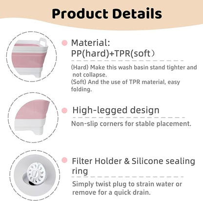 GIMWA Collapsible Wash Basin for Baby Bottles - 2.4 Gallons Portable Wash Bin for RV Camping Sink, Space-Saving Dish Tub (Pink)