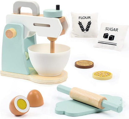Play Kitchen Accessories, Frogprin Wooden Toy Mixer Set, Pretend Play Food Sets for Kids Kitchen - Includes Extra Egg, Rolling Pin, Cookies, Sugar, Flour