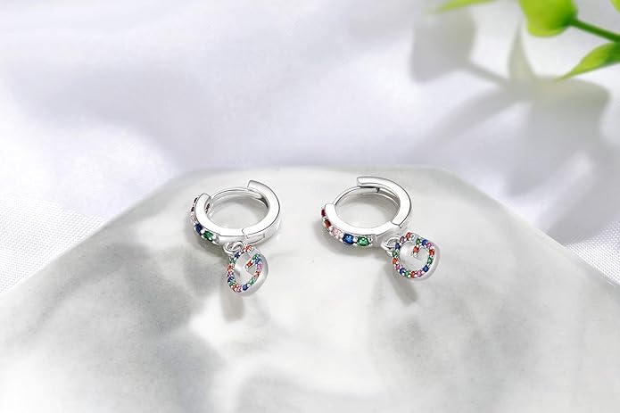 Presentski Initial Earrings 925 Sterling Silver Colorful Huggie Small Hoop Earrings Rainbow CZ Drop Dangle Simple Alphabet Earrings S925 Hypoallergenic Earring Letter A-Z for Daughter Women