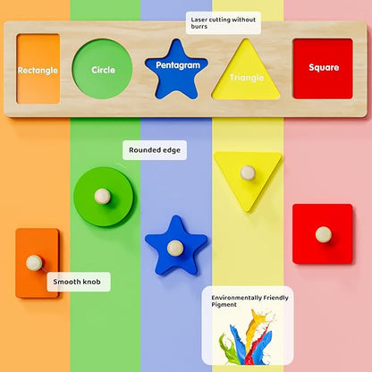 First Jumbo Knob Wooden Shape Puzzles for Toddlers 1-3,Montessori Shapes Sorter Board Toys Puzzle for1 2 Year Old,Preschool Learning Toys for Baby Kids,1-2 Year Old Boy Girl,Stocking Stuffers,Birthday