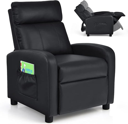 Costzon Kids Recliner, Adjustable PU Leather Lounge Chair with Side Pockets, Footrest, Headrest for Kids Aged 3-12, Black