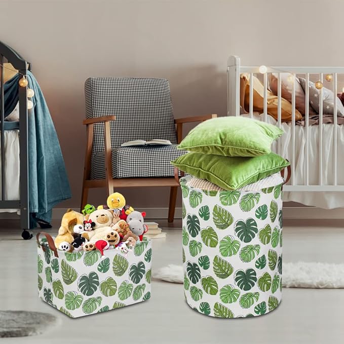 NTAOHAMPER Round Green Laundry Hamper, Jungle Themed Nursery Decor, Tropical Pattern Basket, Monstera Room Decor,Waterproof Storage Bin, Gift Basket(Leaf)