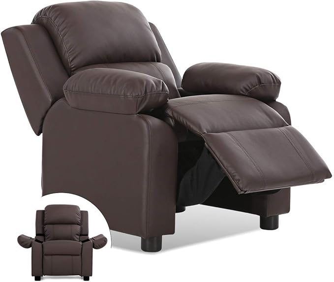 Costzon Kids Recliner, Leather Recliner Chair w/Footrest, Armrest Storage, Headrest & Lumbar Support, Ergonomic Lounge Chair for Living & Gaming Room, Adjustable Recliner Sofa for Boys Girls (Brown)