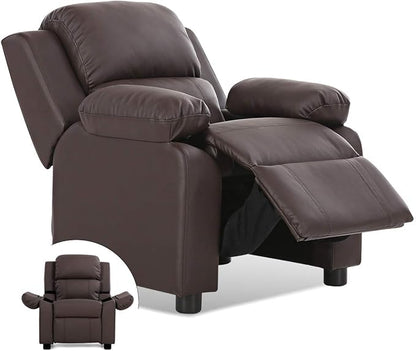 Costzon Kids Recliner, Leather Recliner Chair w/Footrest, Armrest Storage, Headrest & Lumbar Support, Ergonomic Lounge Chair for Living & Gaming Room, Adjustable Recliner Sofa for Boys Girls (Brown)