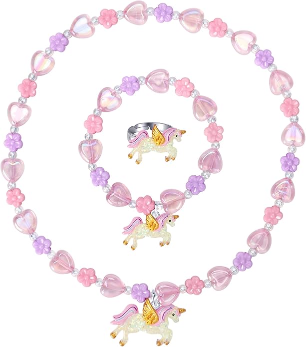 Todder Girls Jewelry Set,Girls Unicorn Necklace Ring Set,Girls Love Necklace Party Favors little Girls Pretend Dress up Play Jewelry,Children Unicorn Ring