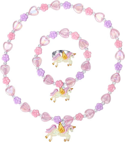 Todder Girls Jewelry Set,Girls Unicorn Necklace Ring Set,Girls Love Necklace Party Favors little Girls Pretend Dress up Play Jewelry,Children Unicorn Ring