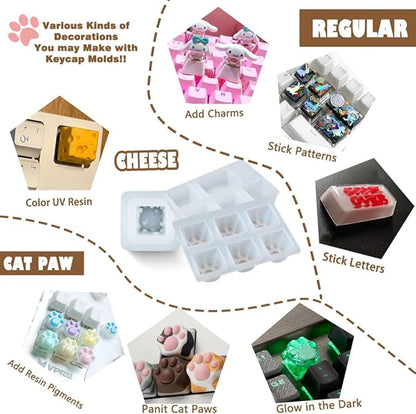 Keycaps Epoxy Resin Casting Molds Set for Mechanical Gaming Keyboard Polymer Clay Crafts 7 Silicone Trays with Key Puller