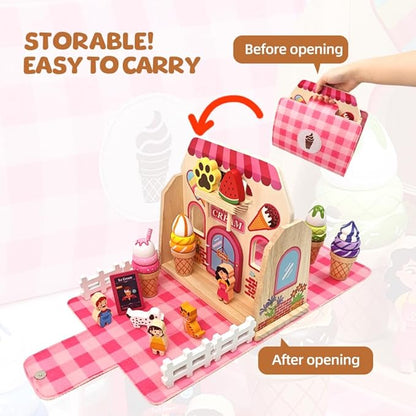 Migargle Wooden Ice Cream Shop Playset - Pretend Play Food & Kitchen Accessories for Kids Ages 3+, Portable Handbag Included, Ideal Christmas & Birthday Gifts for Girls and Boys