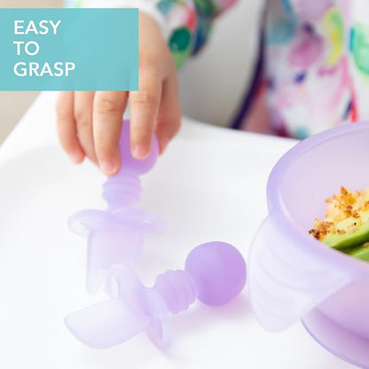 Bumkins Baby Utensils Set, Chewtensils Silicone Spoons for Dipping, Self-Feeding, Baby Led Weaning, Trainer Learning, First Stage Eating, Soft Practice Fork and Spoon, Babies 6 Months, Purple Jelly