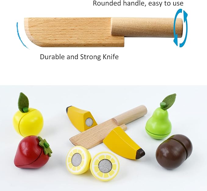 PairPear Wooden Play Food Cutting Fruit Set - Wooden Toys for Toddlers Toy Food Play Kitchen Accessories