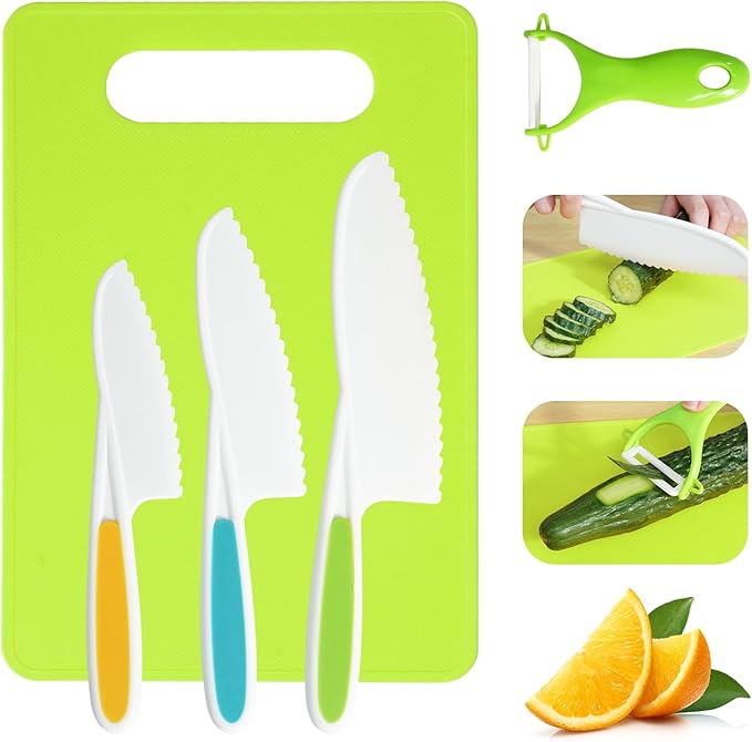 Kids Knife Set, 5 Pcs Montessori Kitchen Tools for Toddlers' Real Cooking for 3+, BPA Free Kids Safe Kitchen Cooking and Baking Set with Peeler, Cutting Board for Sandwich Bread Vegetable Fruit Gift