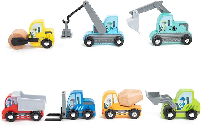 umu Construction Toy Cars 7 PCS Wooden Kids Mini Vehicles for Toddlers, Compatible to Thomas Train Toys Railway and Major Brands, Best for 3 to 5 Year Old Boys and Girls