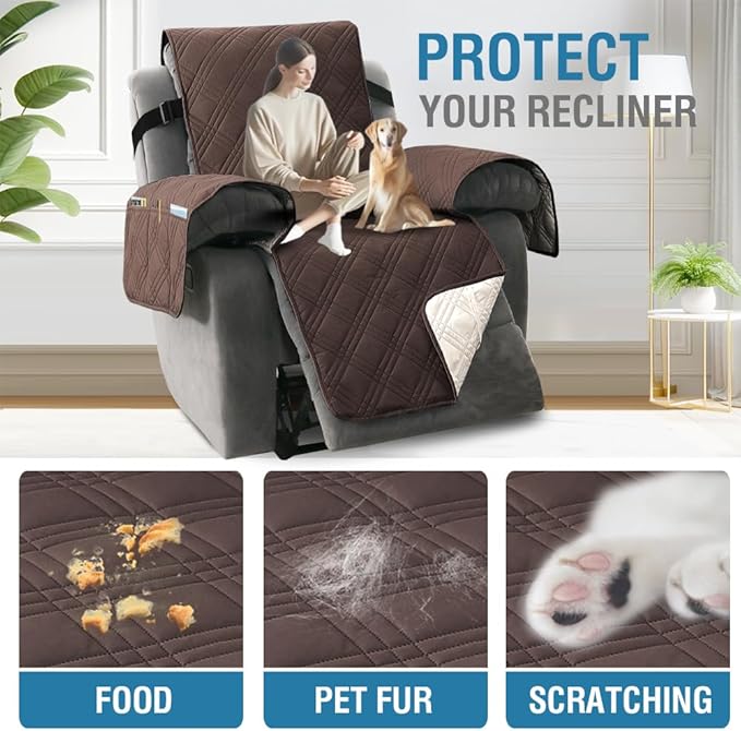 H.VERSAILTEX 100% Waterproof Reclining Couch Covers 1-Piece Reversible Recliner Chair Covers Furniture Protector with Elastic Straps for Pets Kids Sitting Width Up to 23" (Recliner, Brown/Beige)
