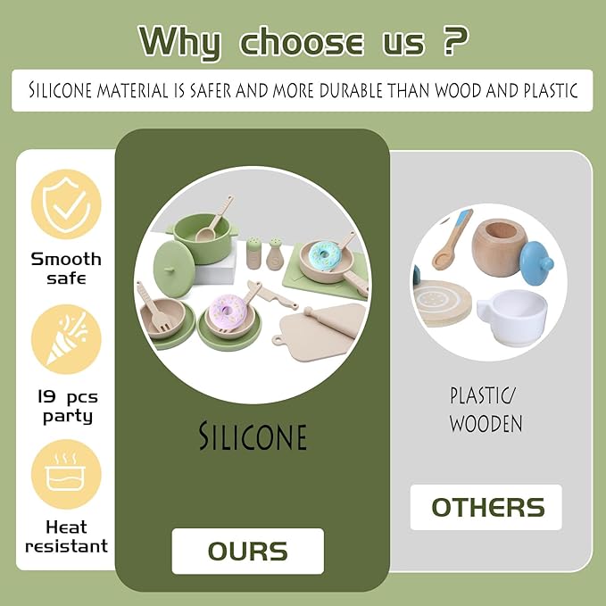 Play Kitchen Accessories, Silicone Pretend Play Kitchen Toys Set, Play Kitchen Pots and Pans Set for Kids, Learning Education Cooking Toys for Girls and Boys(Green)