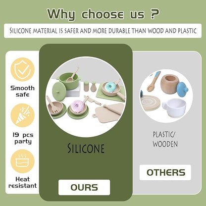 Play Kitchen Accessories, Silicone Pretend Play Kitchen Toys Set, Play Kitchen Pots and Pans Set for Kids, Learning Education Cooking Toys for Girls and Boys(Green)